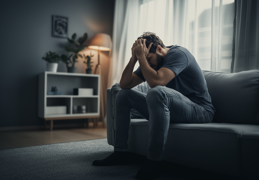 A person facing emotional shadows, representing the inner conflict between self-compassion and self-criticism.